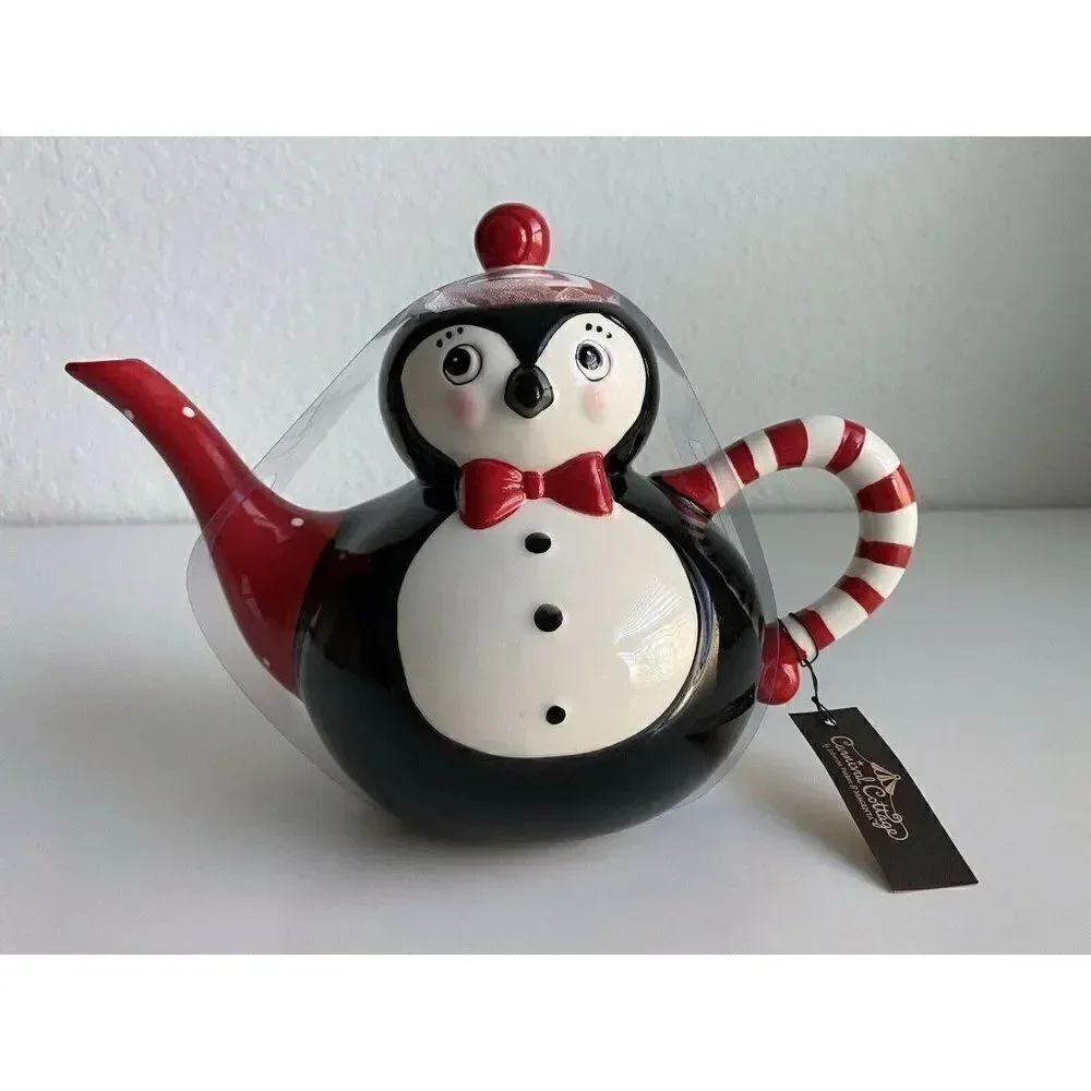 Johanna Parker Carnival Cottage Ceramic PENGUIN‎ Christmas TEAPOT Candy Cane NEW