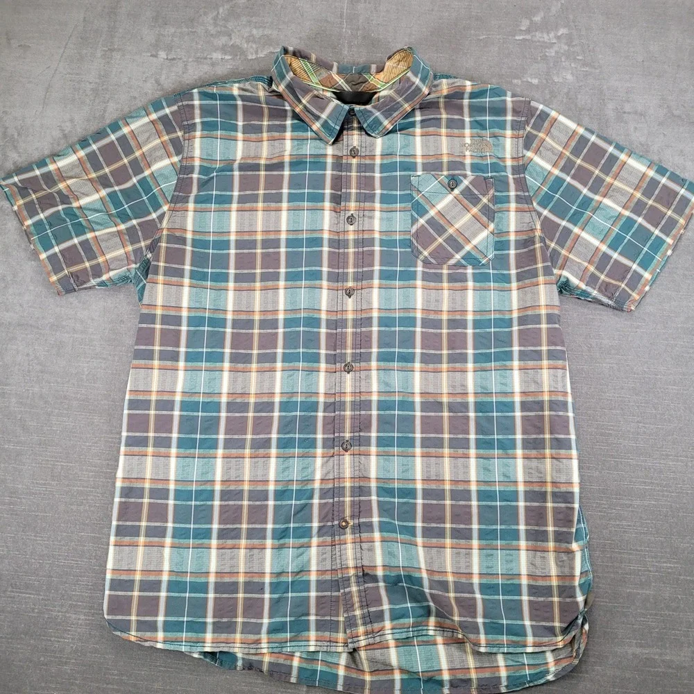 The North Face Mens Plaid Short Sleeve Button Up Shirt Green Brown Orange Sz 2XL