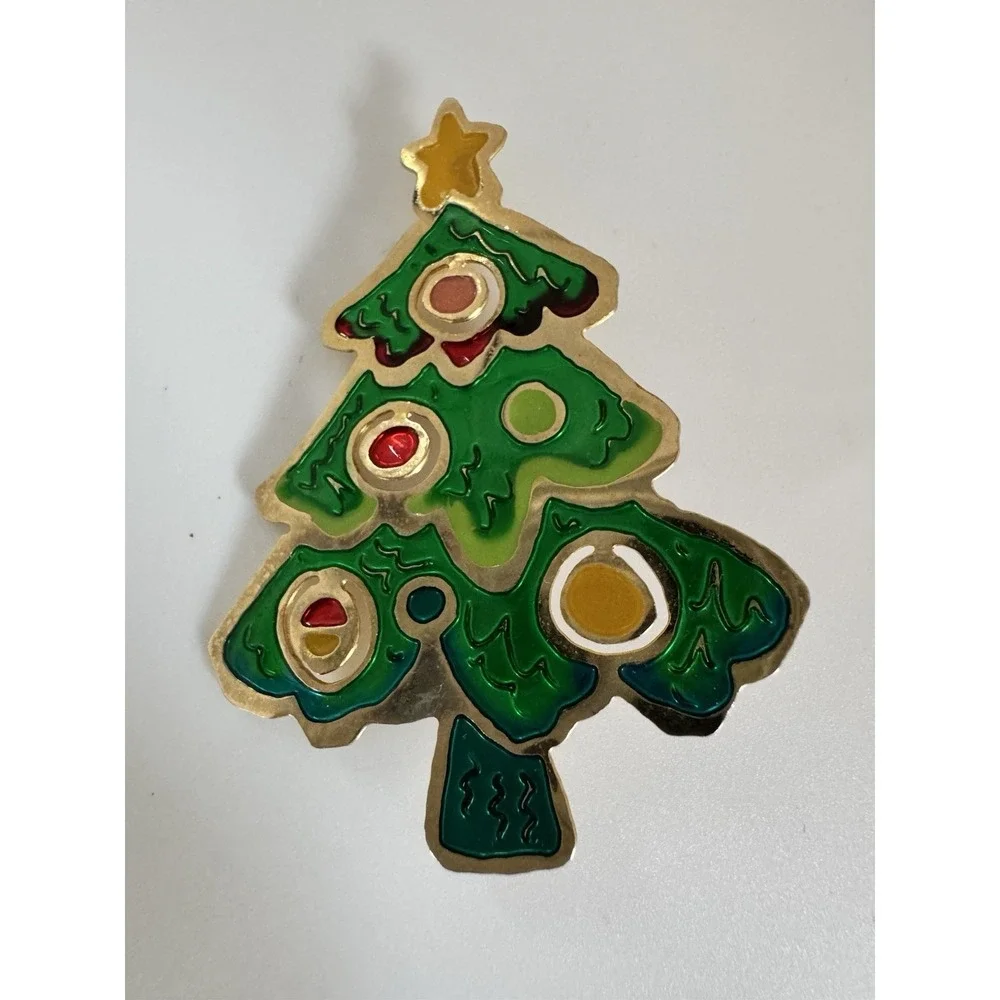 Vintage 1980s Enamel Christmas Tree Brooch Pin Gold‎ Tone Holiday Statement 2.5”