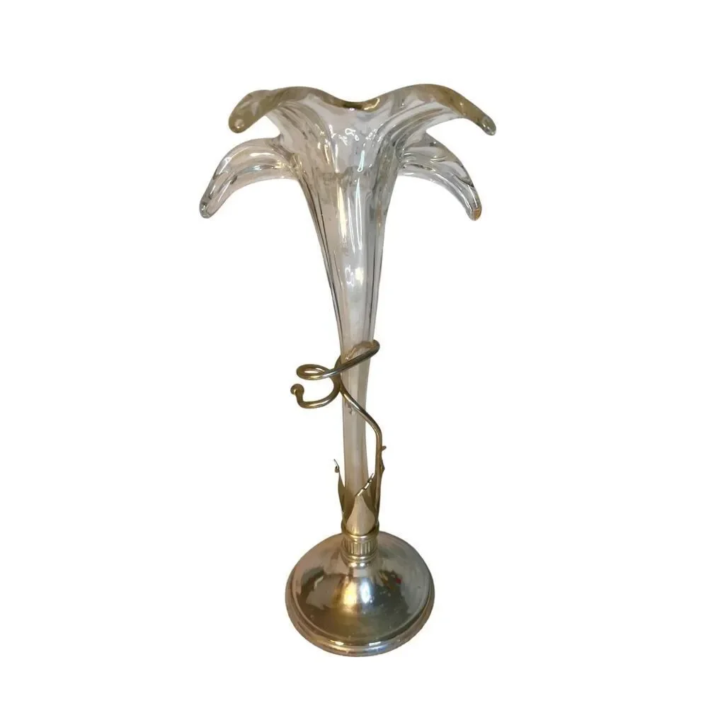 Vintage Mid Century Blown Glass Lily Vase Art In Silver Tone Base