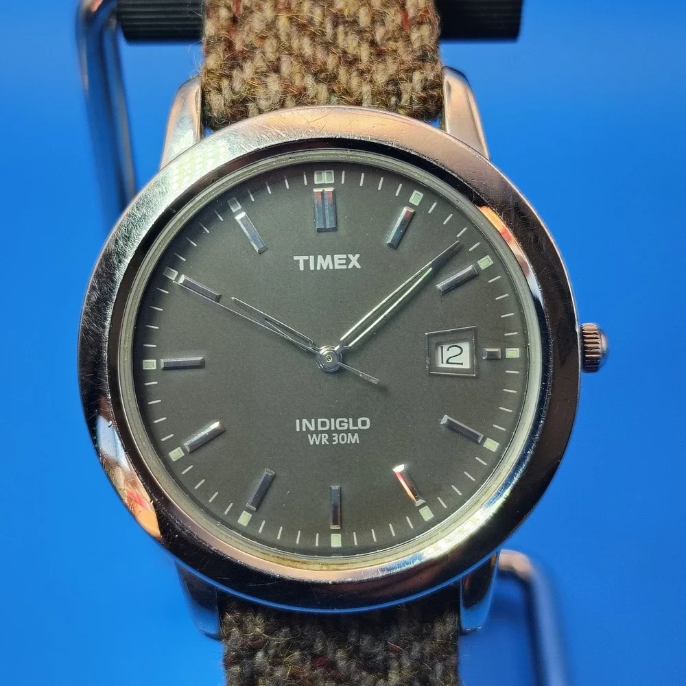Vintage 2010 Timex Indiglo‎ Date 37mm Mens Quartz Watch New Woven Wool Strap