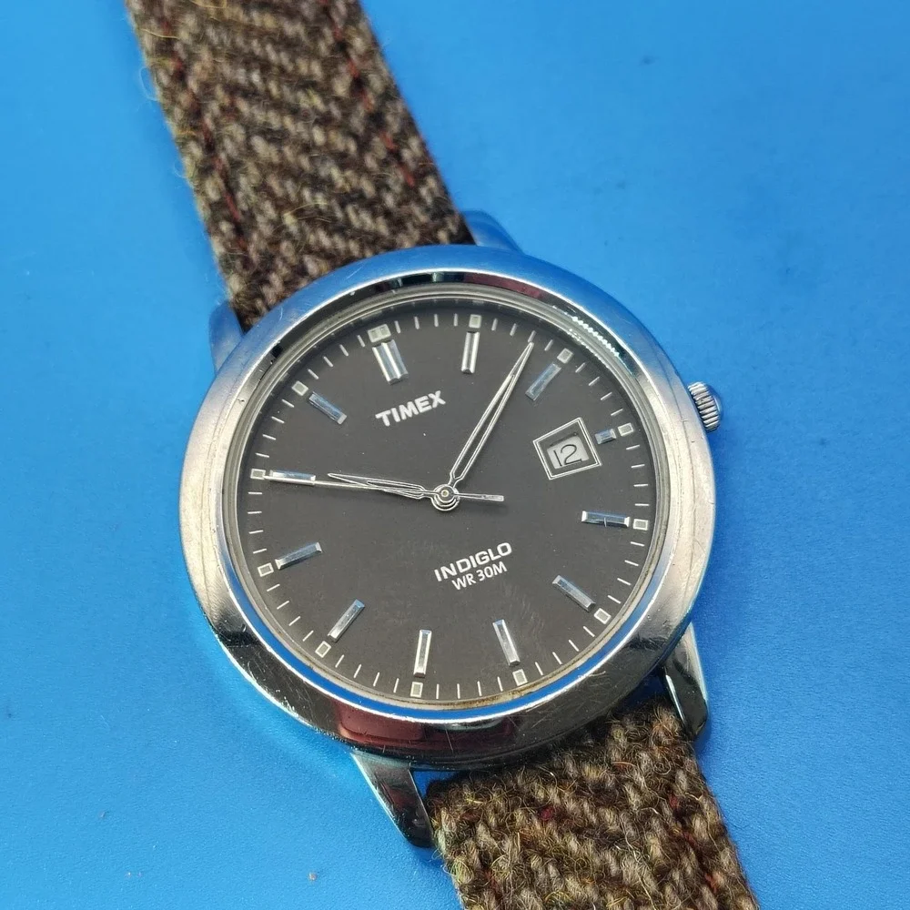 Vintage 2010 Timex Indiglo‎ Date 37mm Mens Quartz Watch New Woven Wool Strap