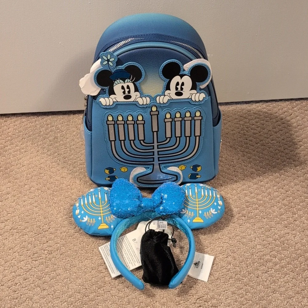 Loungefly Disney Parks Mickey And Minnie Light Up Hanukkah Mini Backpack & Ears