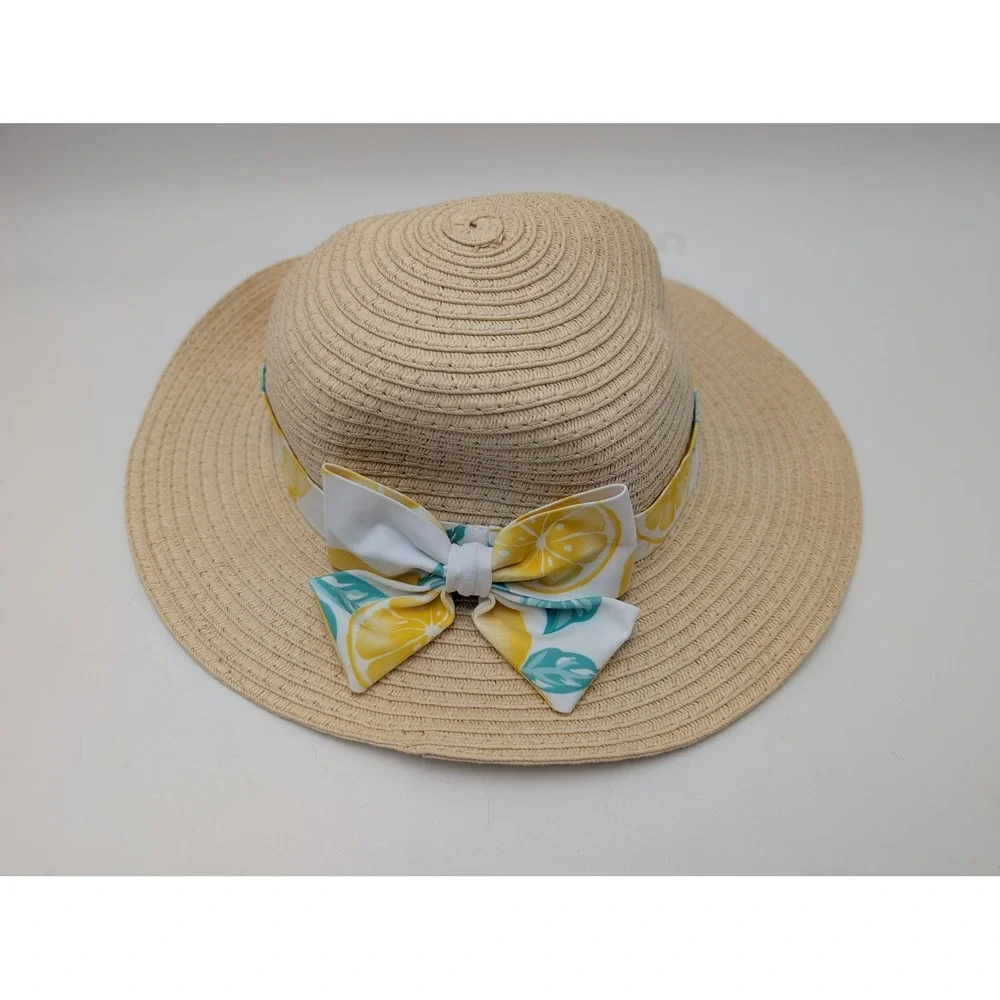 Tommy Bahama Sun Hat Girls OS Tan Lemon Print Bow Wide Brim Straw‎ CM00256