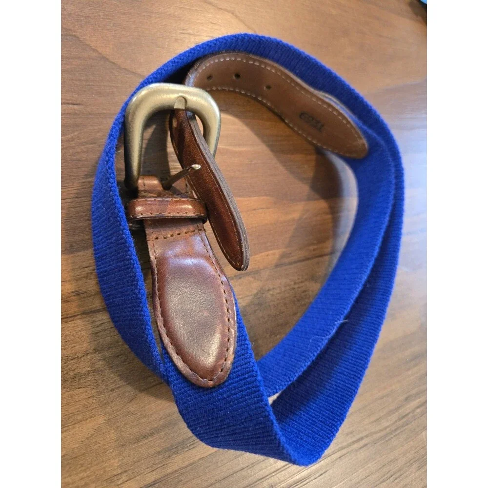 S/2 Torino Belts Mens 36 Blue & Green Woven Stretch Belt Brown Leather Trim USA