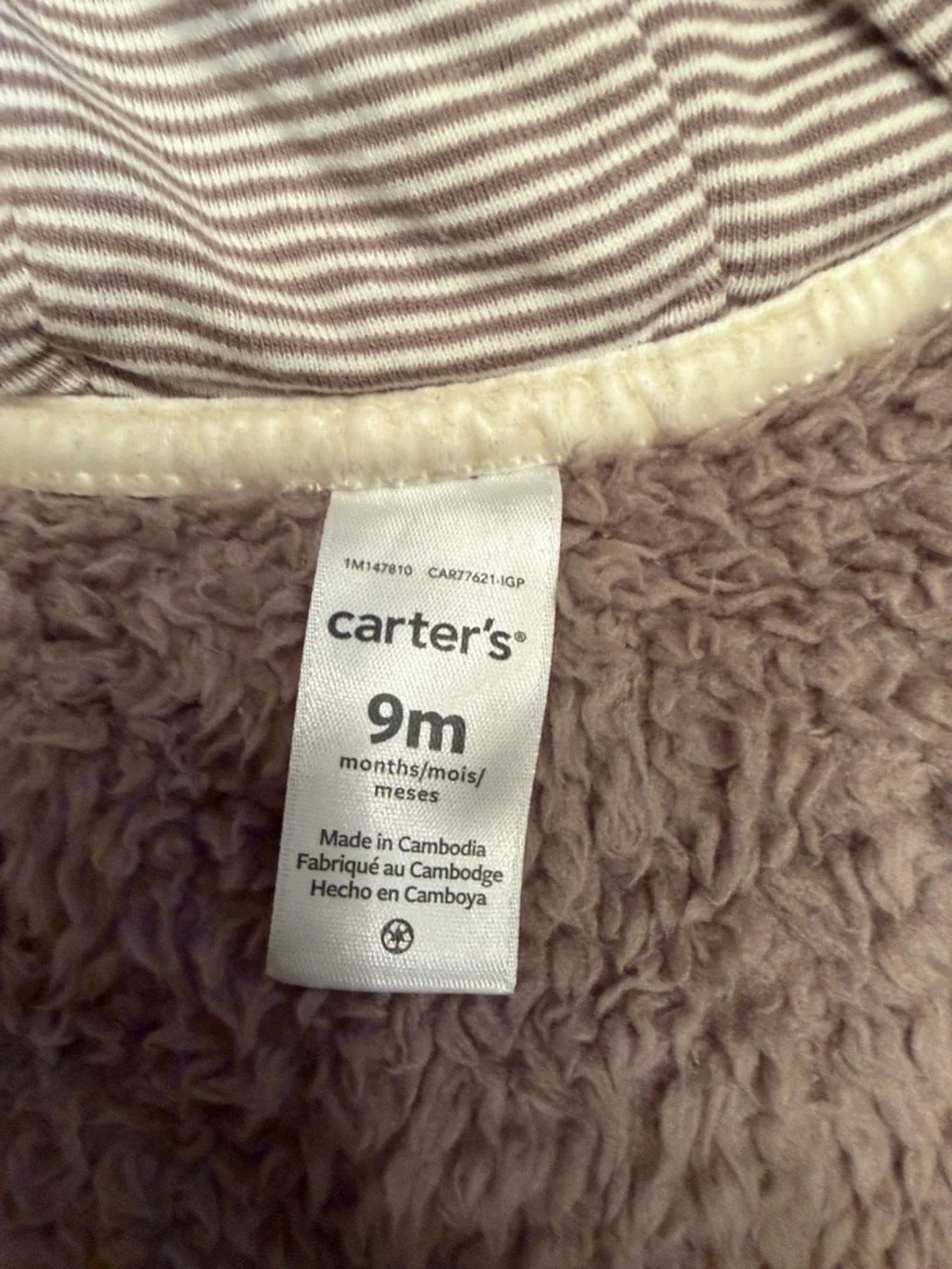 Carter’s Teddy Fleece Bear Hooded Footed Zip Romper Taupe 9M