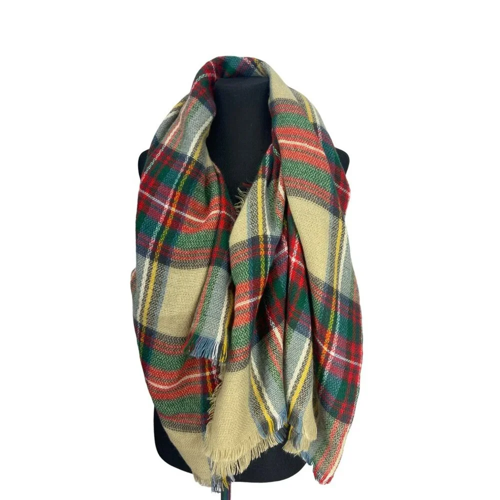 Classic Oversize Multi Color Plaid Design Frayed Blanket Scarf Wrap Shawl Fashio