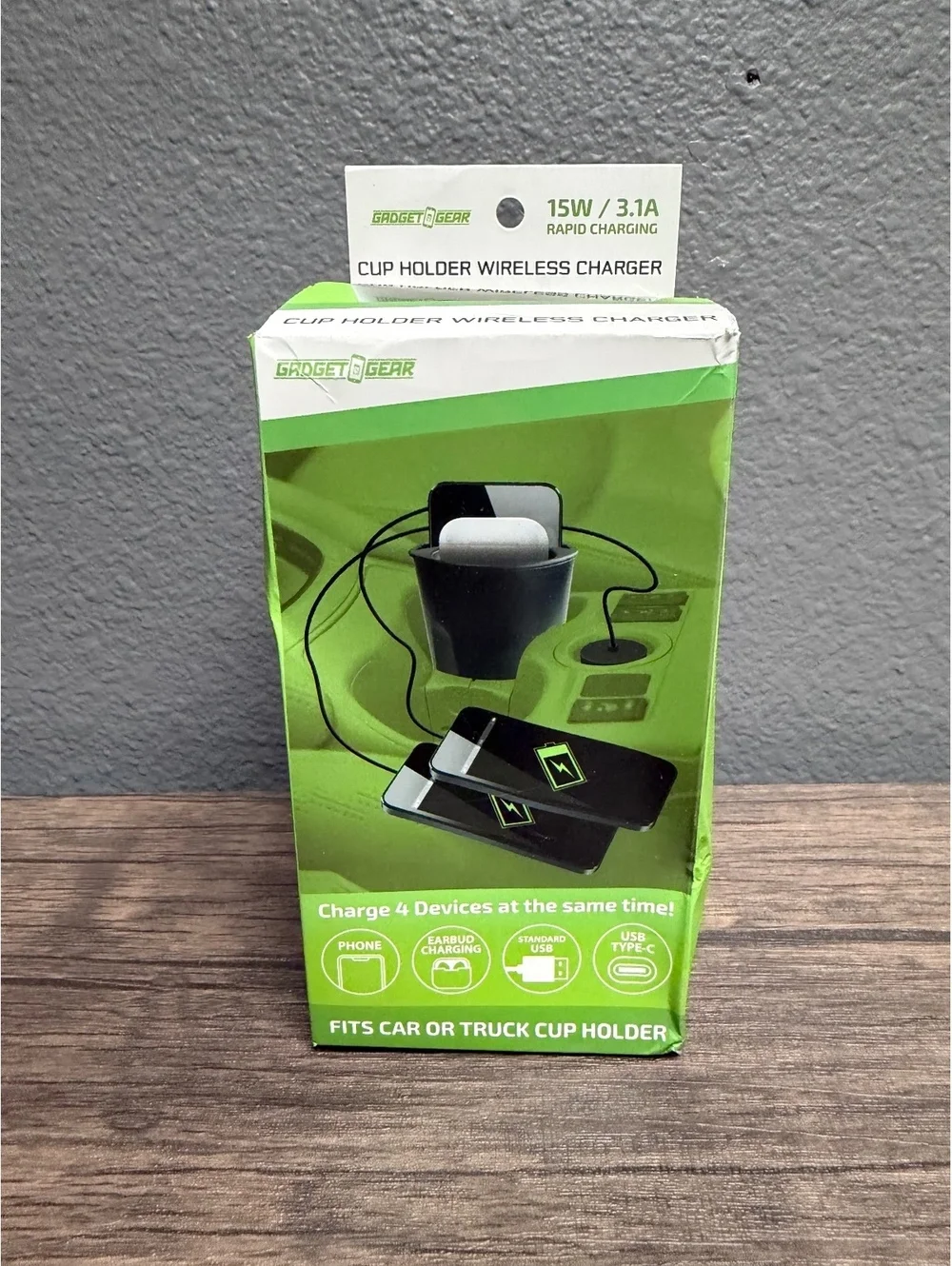 Gadget To Gear Car Cup Holder Wireless Charger 15W Rapid Charging Dock 4in1 New