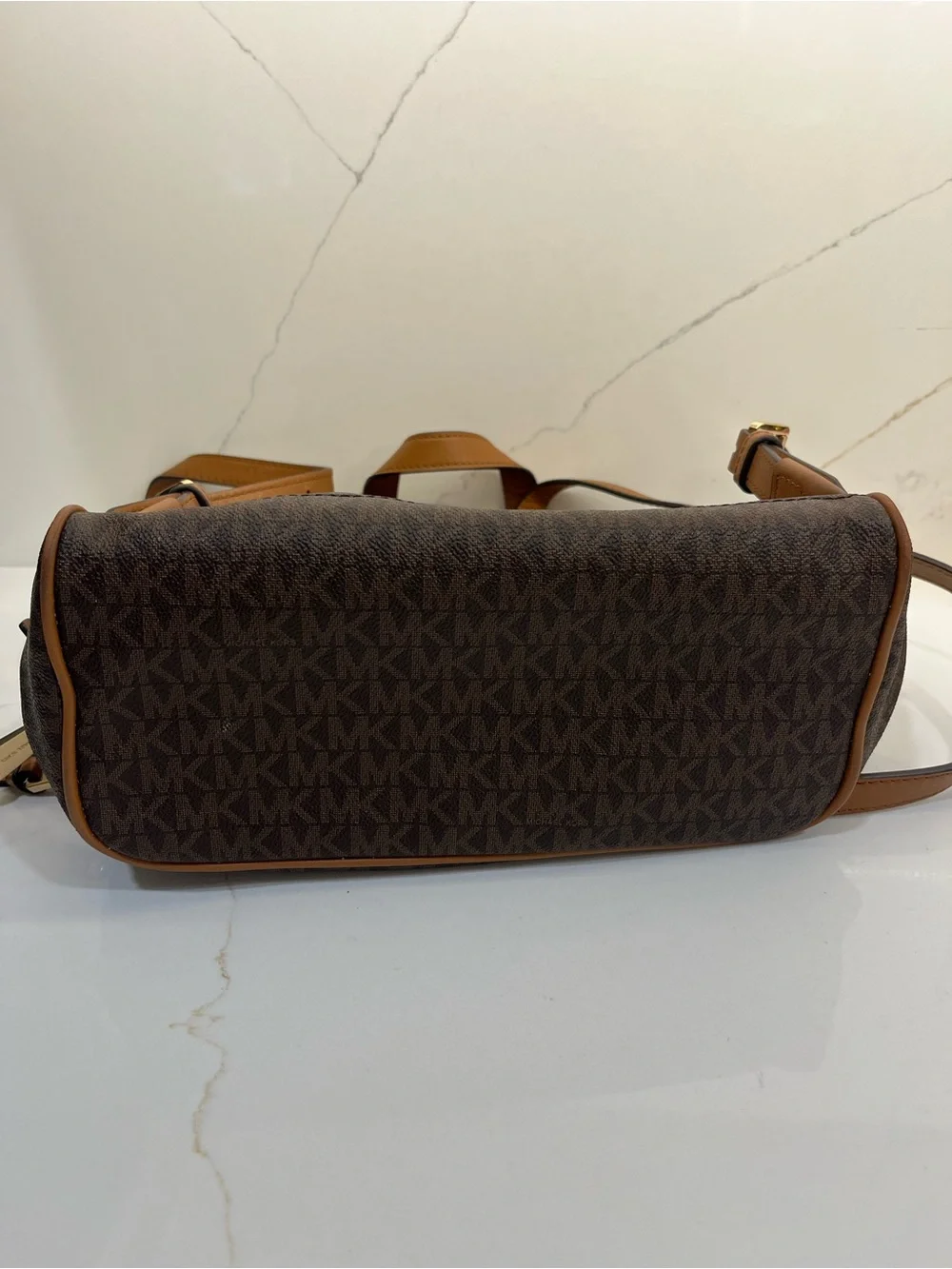 Michael Kors Brown MK Signature Logo Backpack Tan Gold Hardware