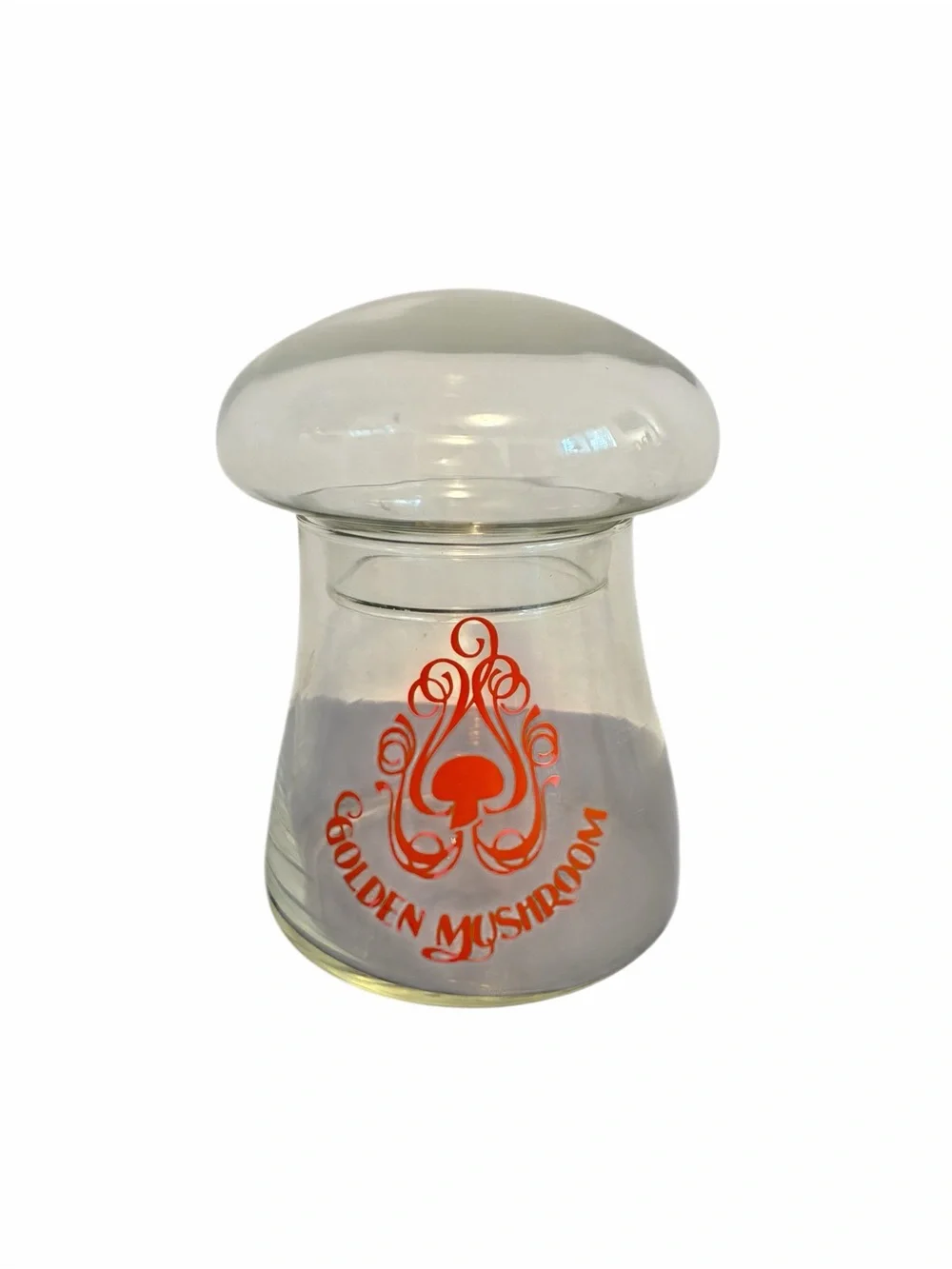 Vintage Golden Mushroom Clear Glass Canister Jar with Domed Lid Retro 70s Decor
