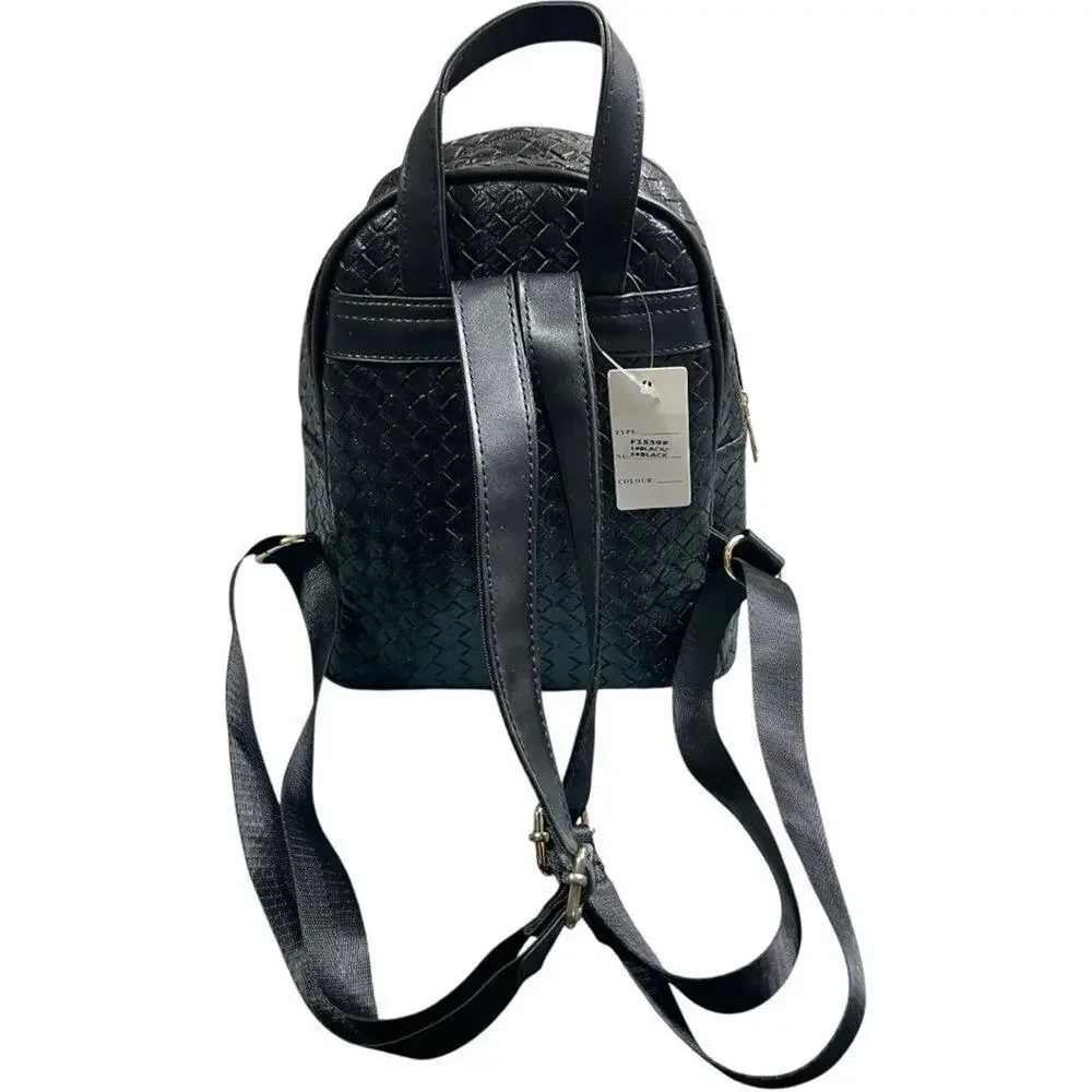 Black Woven Leather Quilted Mini Backpack