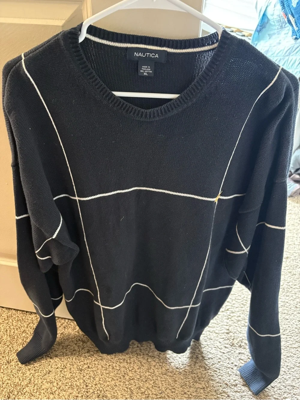 Nautica Navy Crewneck Sweater with White Windowpane Lines