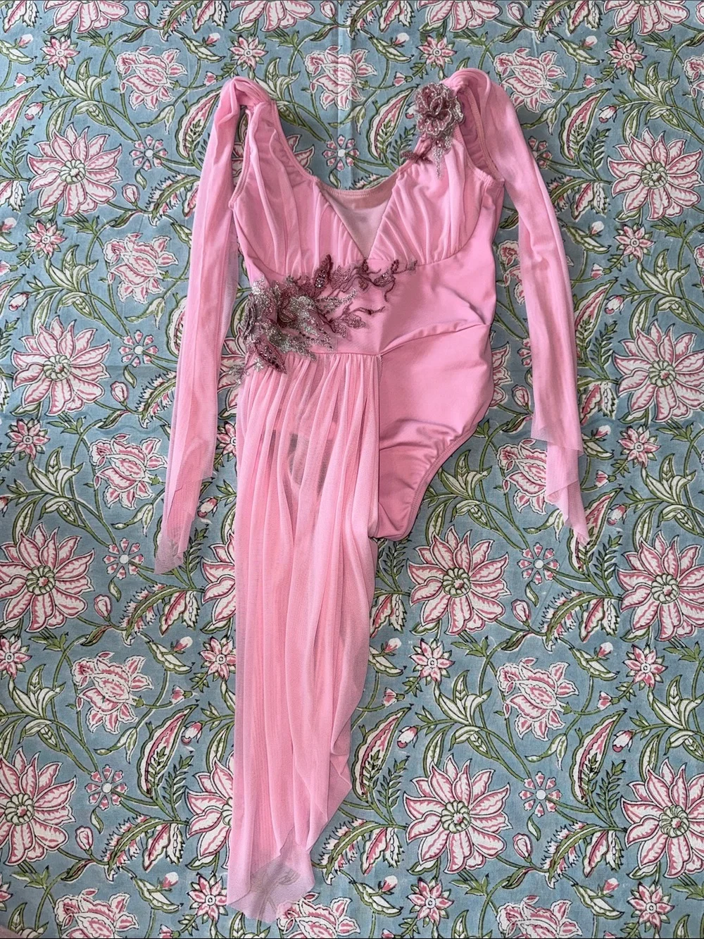 Revolution Pink Sheer Tulle Long-Sleeve Dance Leotard with Floral Appliqué