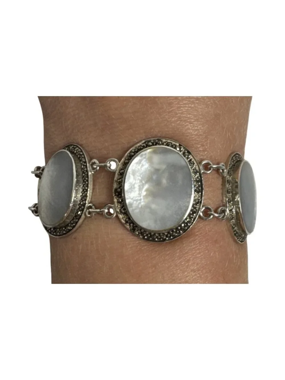 Vintage Sterling Silver & Mother Of Pearl Bracelet With Rhinestone Accents 7.5 I