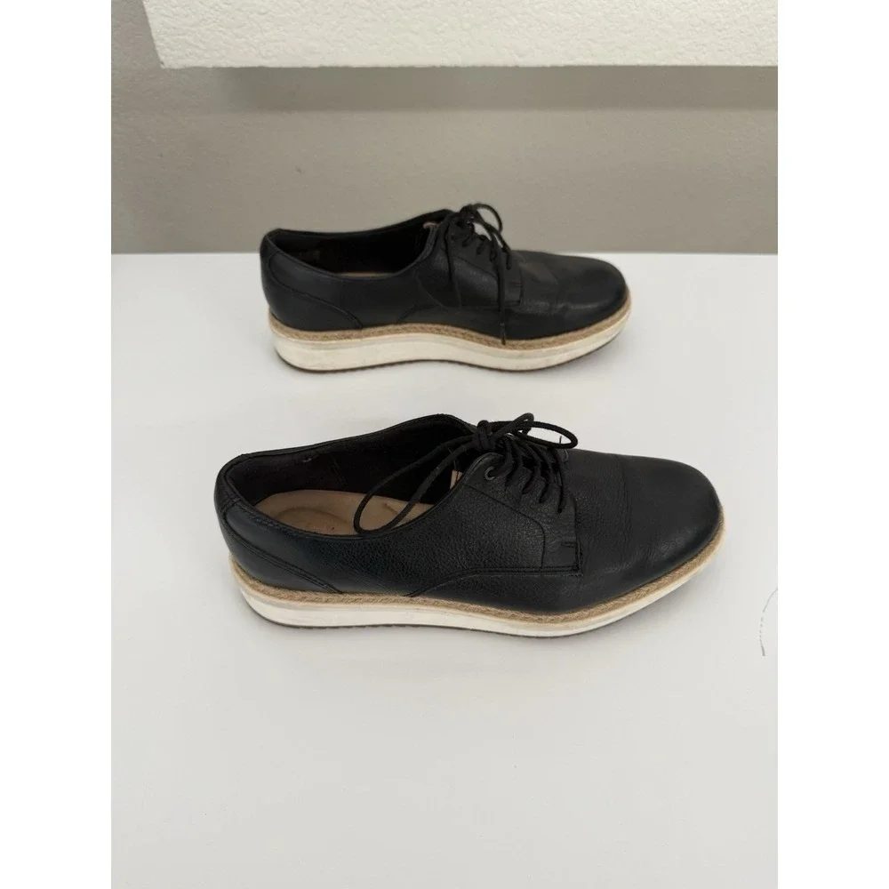 Clarks Artisan Black Leather Jute Platform Lace-Up Casual Shoes Women Sz 7.5