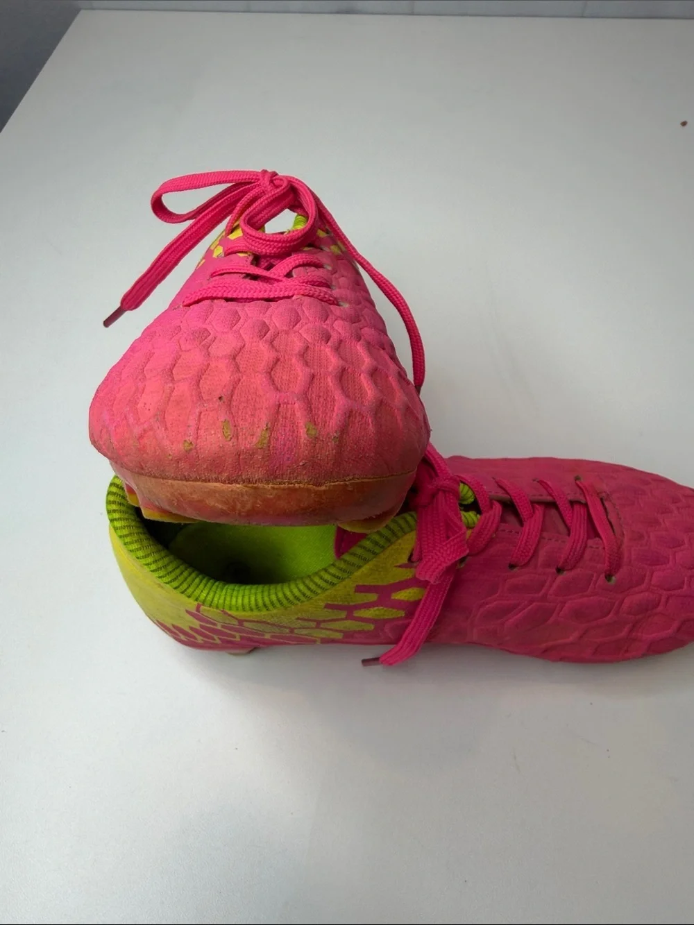 Bright Pink Athletic Cleats Shoes with Neon Yellow Back & Interior Kids size 2