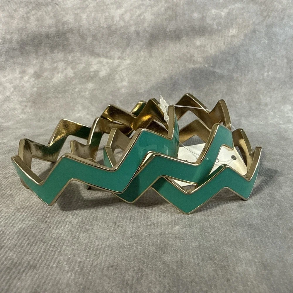 Zigzag Bangle Bracelets Set Of 3 Green Goldtone