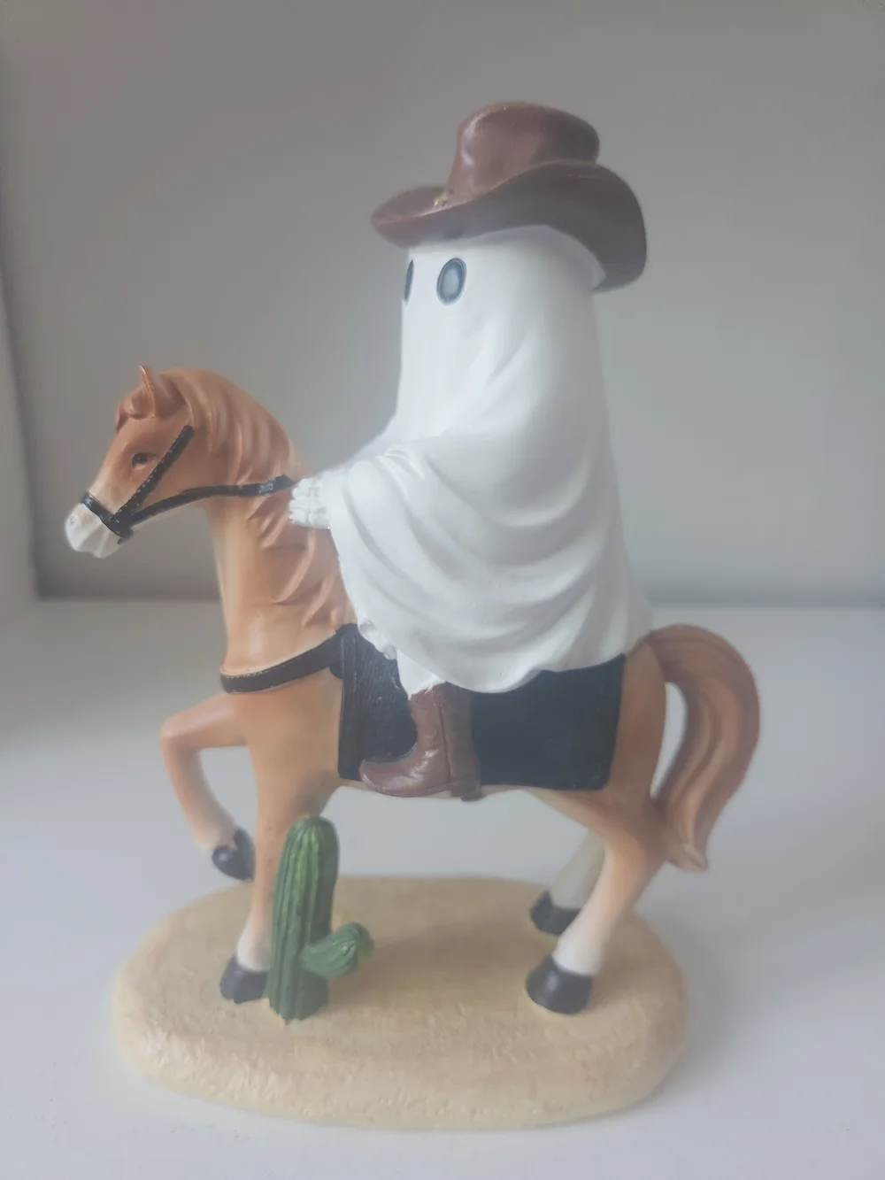Ghost Cowboy Riding A Horse Figurine - White and Brown Western Decor Resin