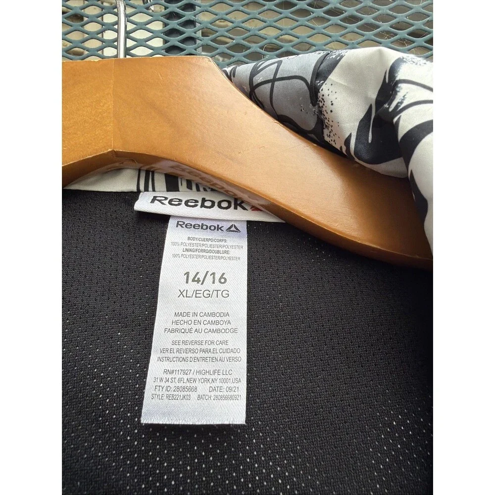 Reebok Kids Jacket Child Size XL 14/16 Black Graffiti Hood Windbreaker Zipper