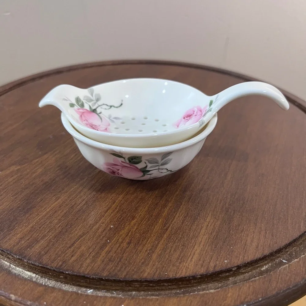 Vtg Allyn Nelson Porcelain Tea Strainer and Drip Bowl Set Pink Rose Floral 2pc