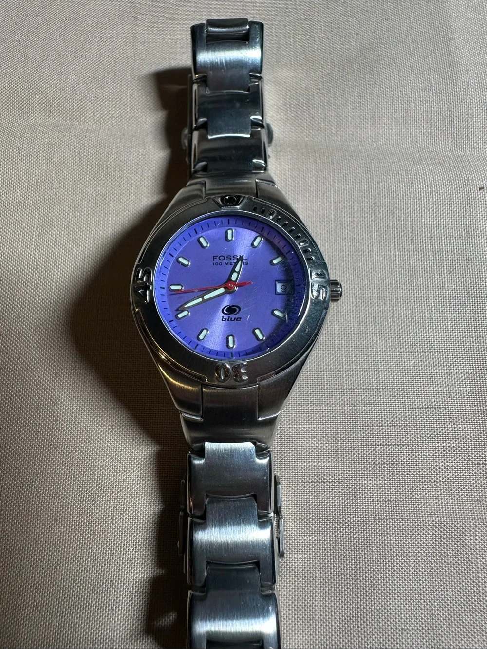 Fossil Silver Stainless Steel Watch with Purple Dial and Red Seconds Hand