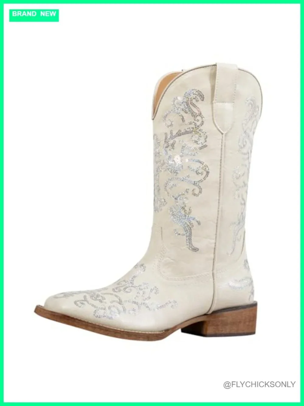 Exquisite Floral Embroidery Sparkly Glitter Sequin Wide Square Toe Western