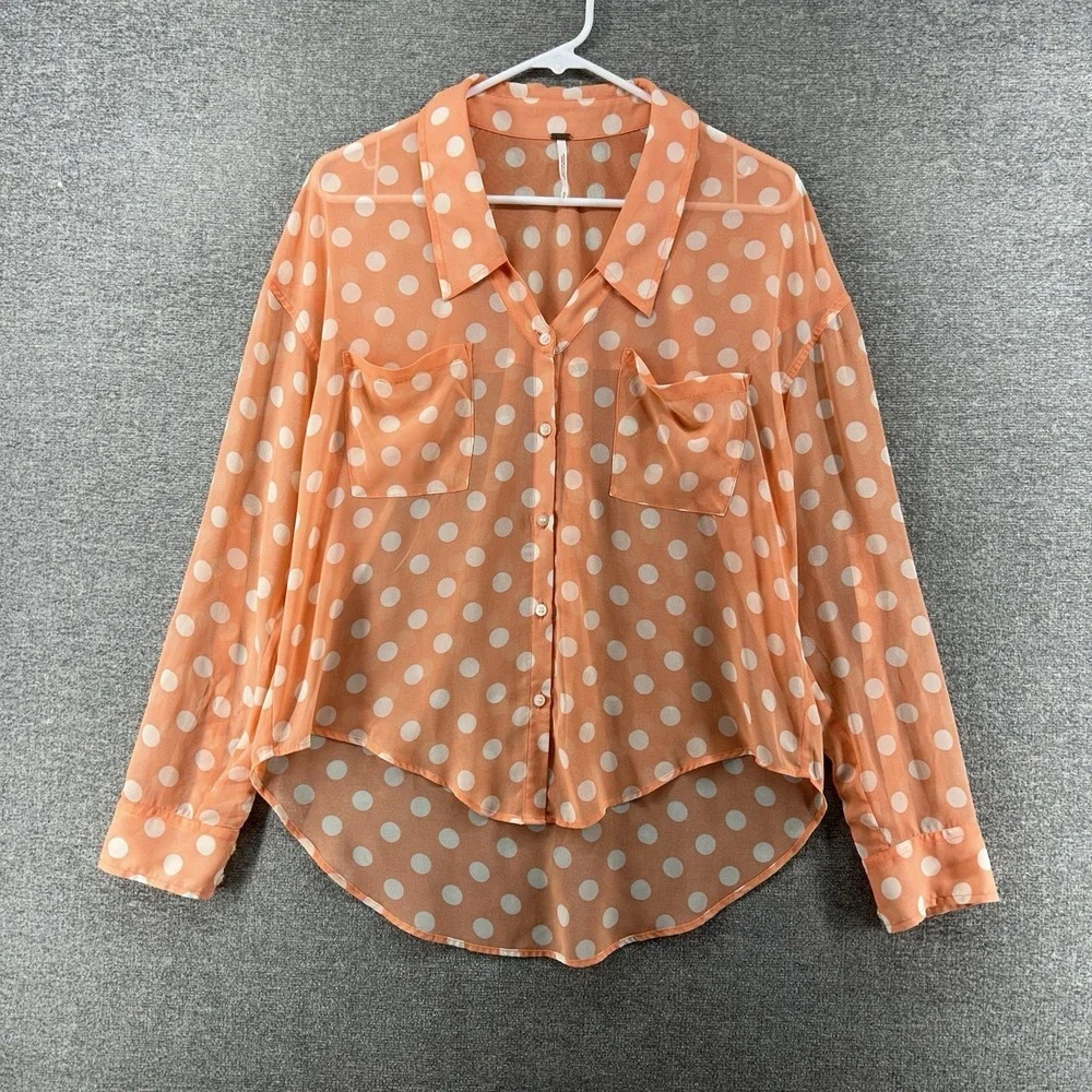 Free People Blouse Top Women Size XS Peach Polka Dot Roll Tab Sleeve