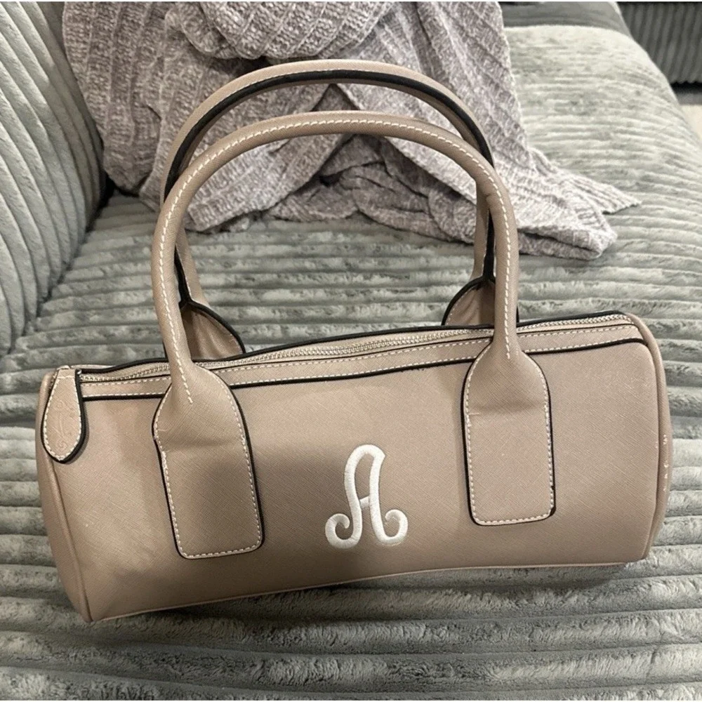 Barrel Tube Handbag Purse Taupe Greige Beige Vtg Retro Monogrammed Initial 