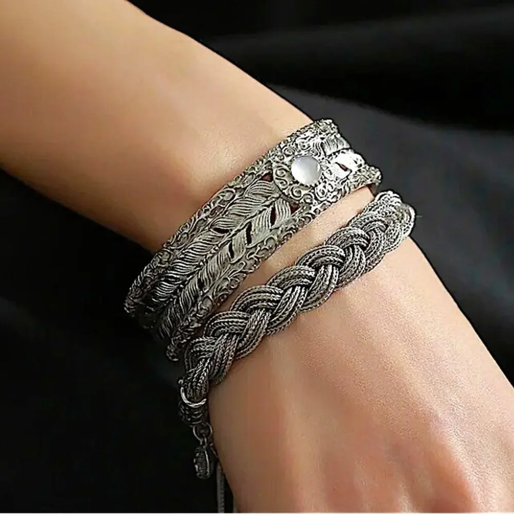 Vintage Sterling Silver Pattern Bangle Bracelet, Cuff Irregular