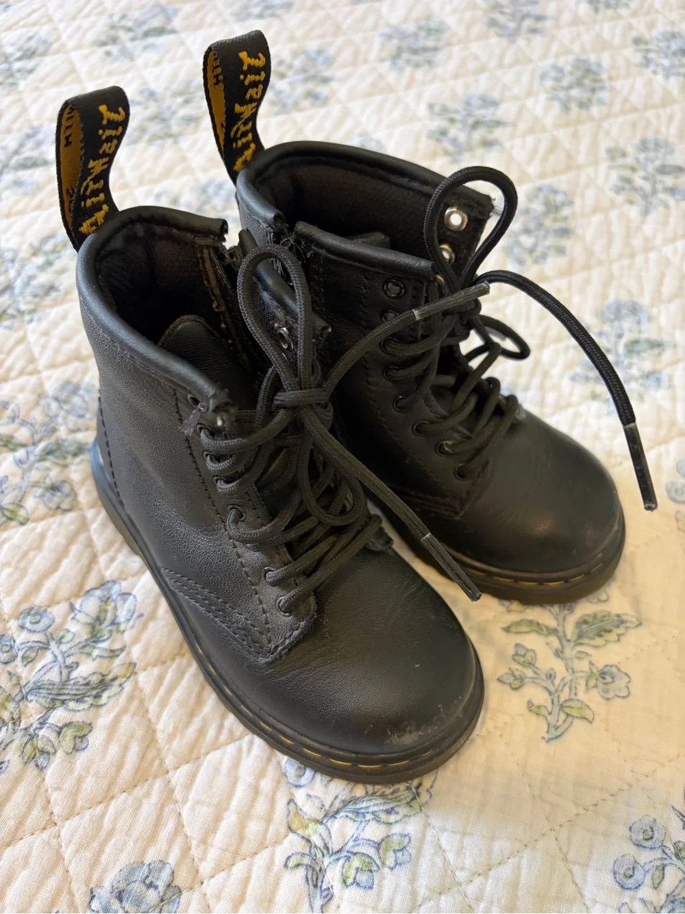 Dr. Martens Black Leather Lace-Up Boots with Yellow Pull Loop