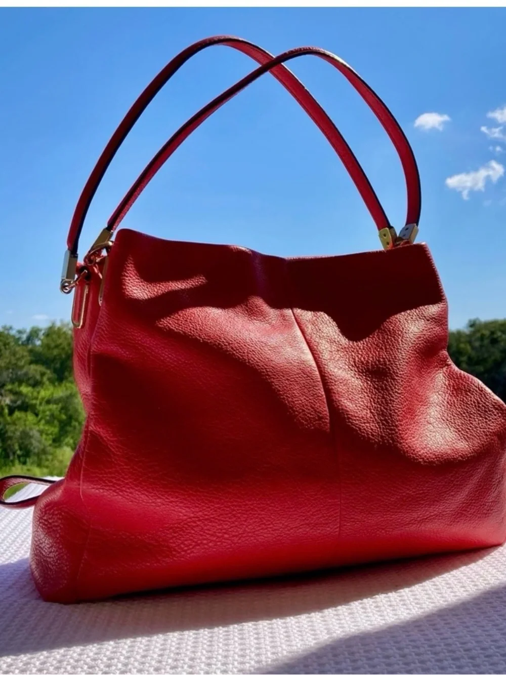 COACH Madison Phoebe Tumbled Cardinal Red Leather 3 Section Shoulder Bag