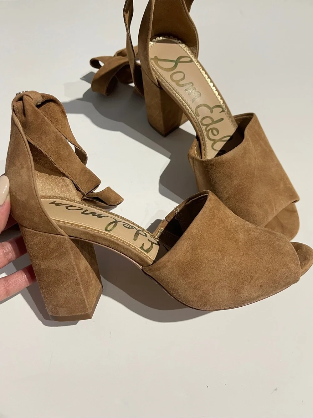 Sam Edelman Tan Suede Ankle-Tie Block Heels