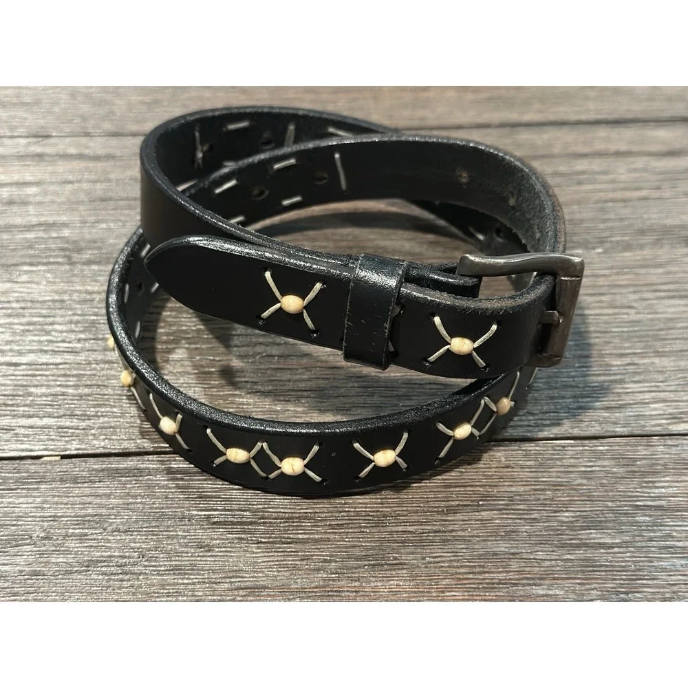 Old Navy Black Stitched Beaded Leather Belt sz 32 GUC boho‎ Western Cowgirl
