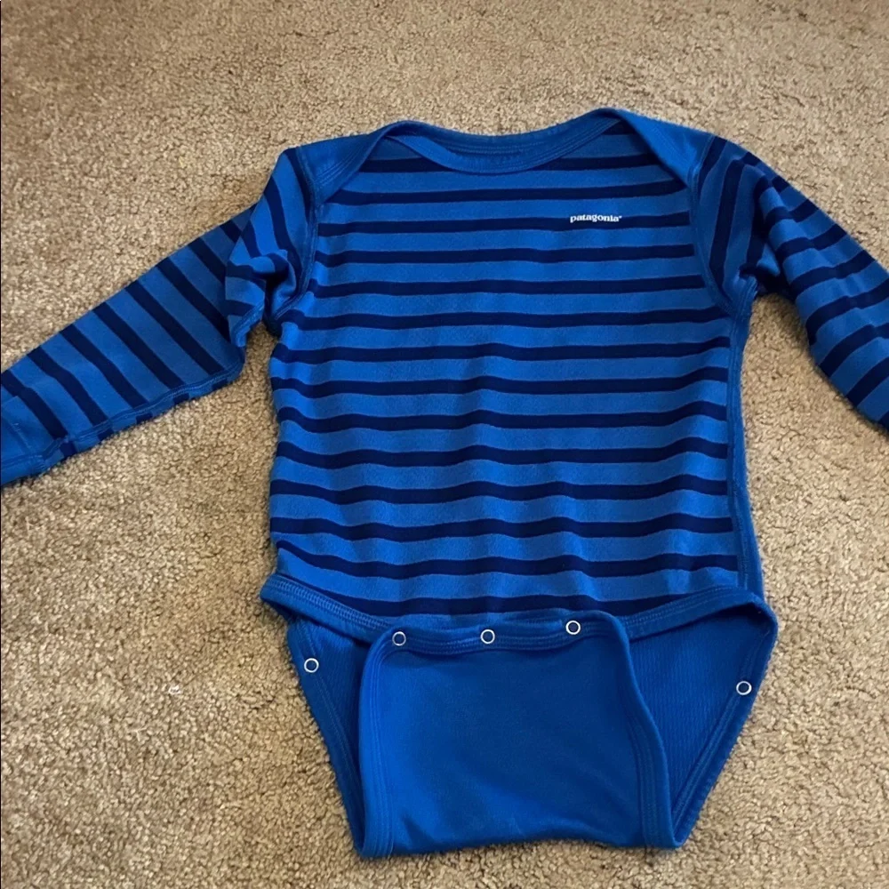 Patagonia Kids Bodysuit in Blue and Black Stripes 24 mos