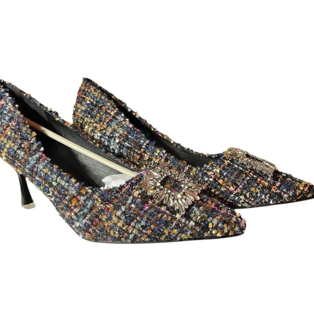 C. Paravano Olivia Pumps Multicolor Tweed Rhinestones 3” Heel Size 11