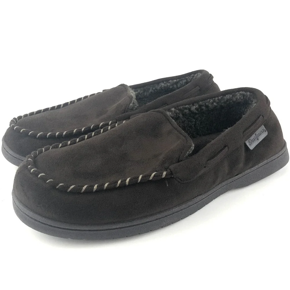 Dearfoams Slippers Men's Size 9-10 W Medium Wide Brown Memory Foam Moccasins EUC