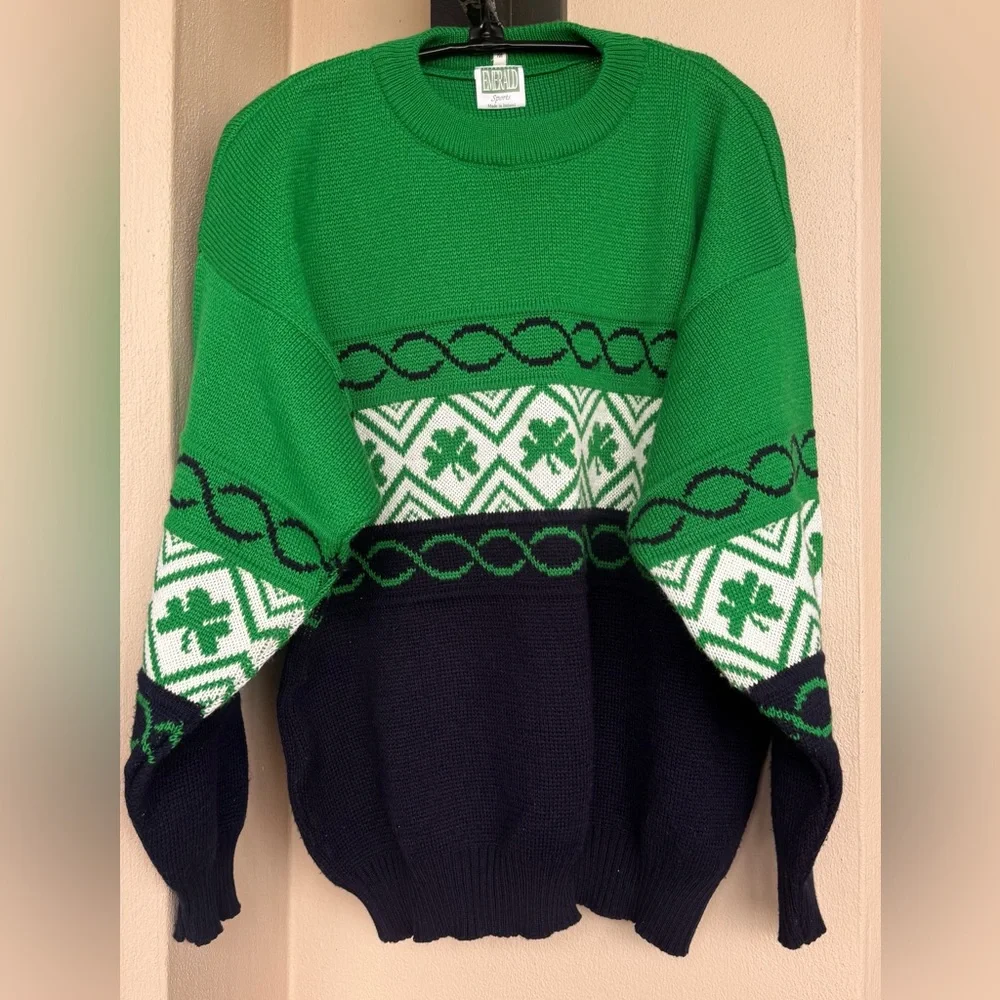 Vintage Emerald Sport Shamrock Celtic Pullover Knit Sweater Made In Ireland M