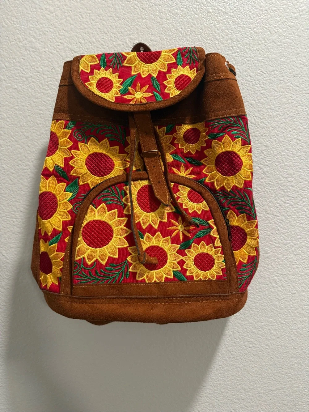 Sunflower Embroidered Suede Backpack - Brown