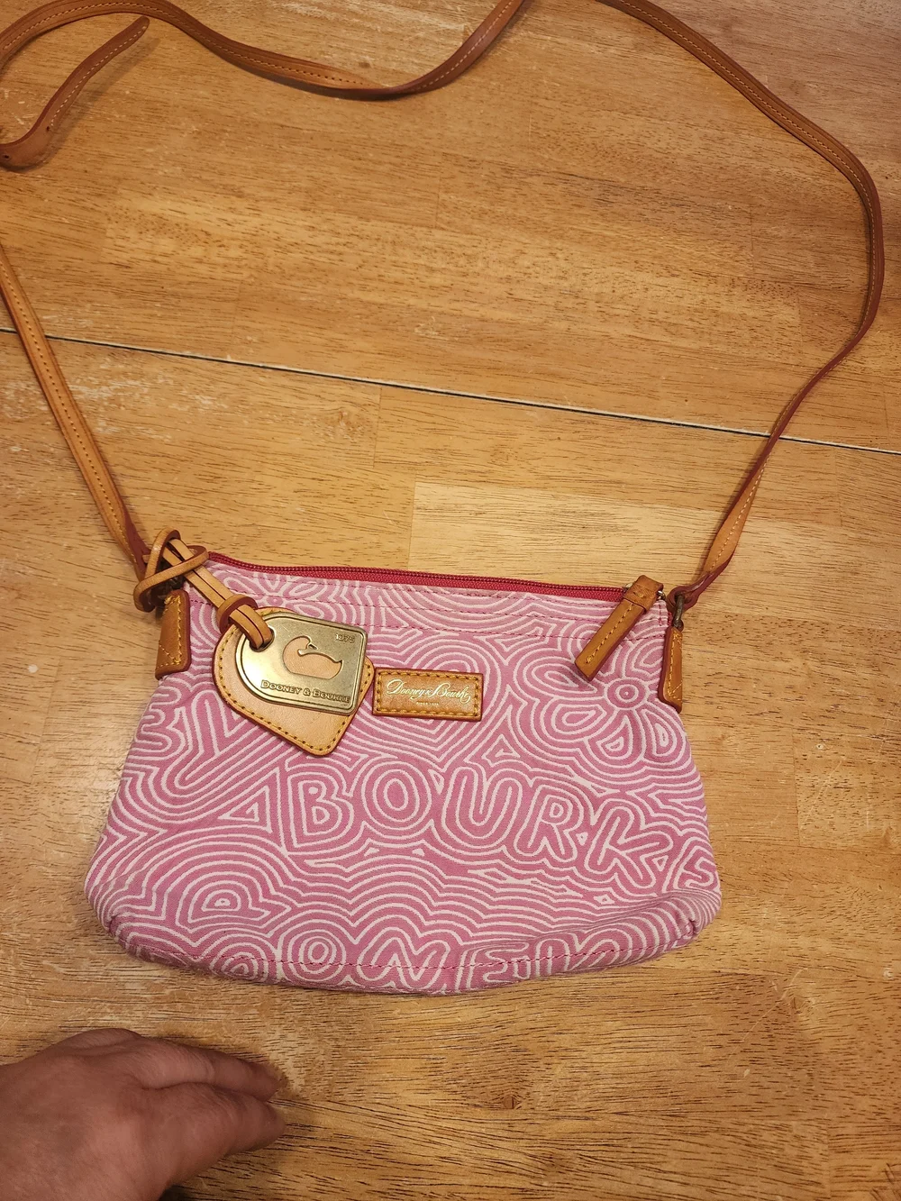 Dooney & Bourke pink doodle swirl canvas mini shoulder bag featuring tan leather