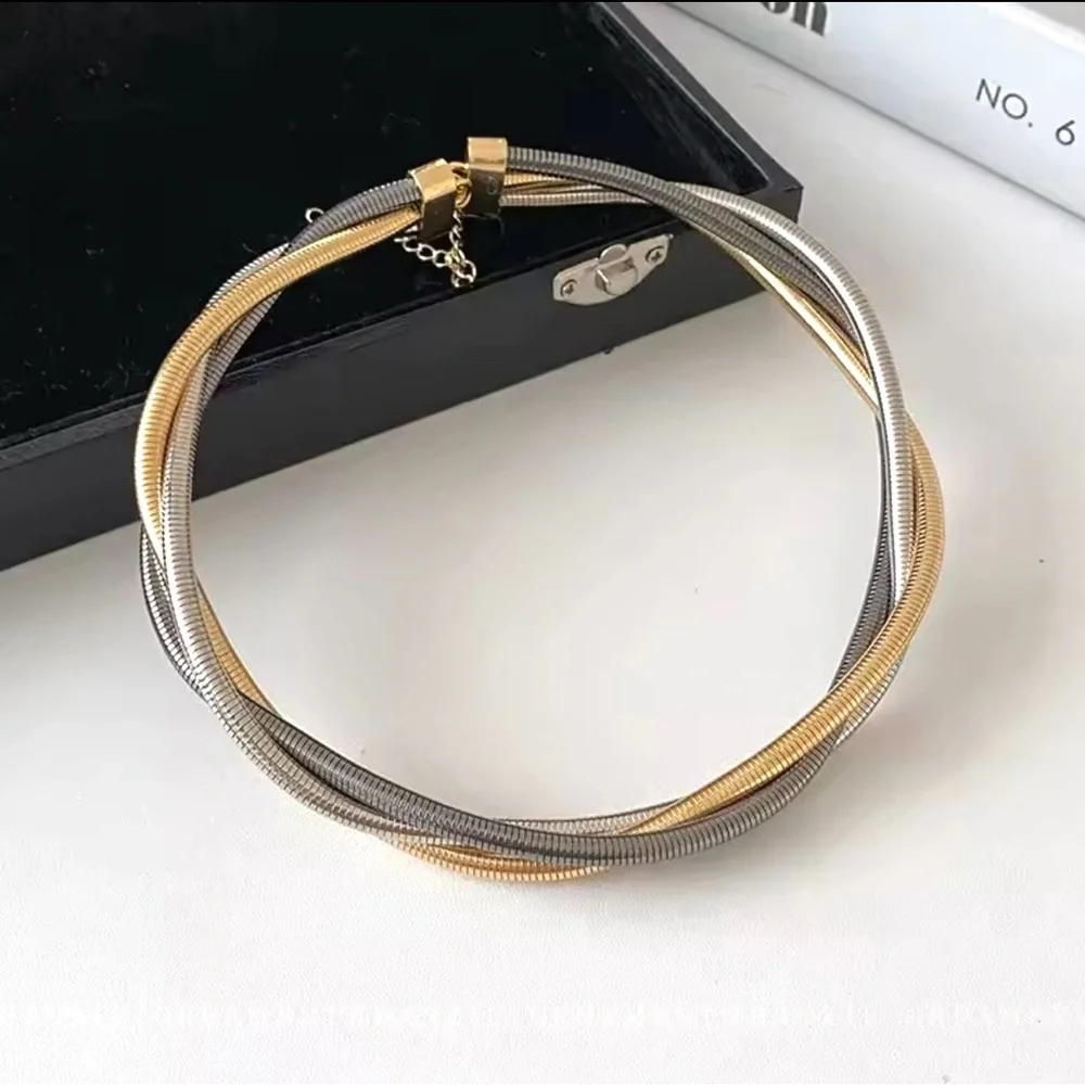 Snake Chain Collar Necklace Stacking Mixed Metals Gunmetal Gold Silver JL25