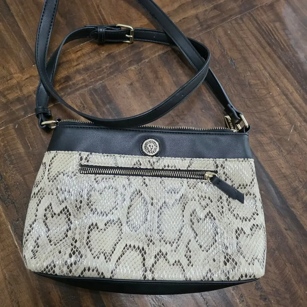 Anne Klein Snake Print Crossbody Bag Black Faux Leather Small Shoulder Handbag