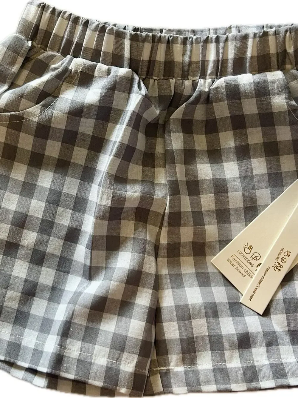 New Gingham Elastic Waist Shorts in Gray and Cream 12-18 months