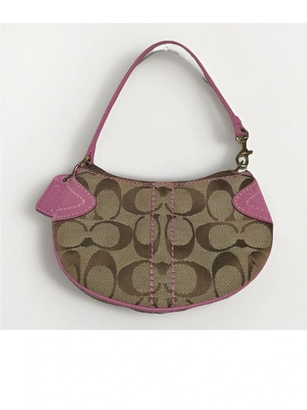 Coach Soho Hobo Mini Wristlet, Signature Brown/Beige Canvas, Pink Suede Trim,