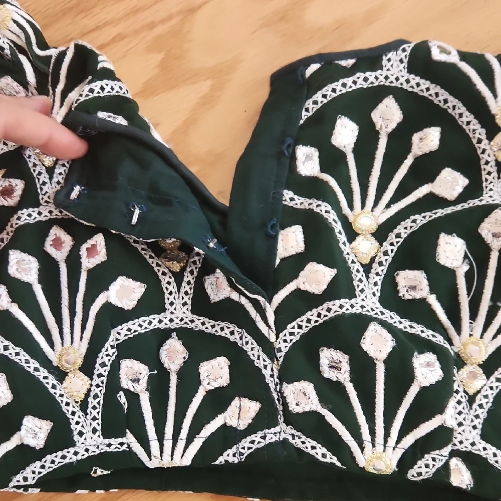 Dark Green and White Three-Piece Lehanga Choli For Girls 2-3 Yrs Short Sleeves