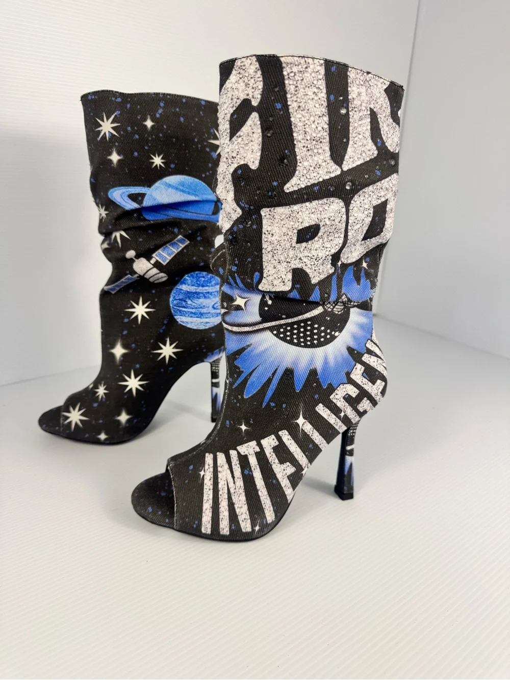 NEW AKIRA Black Multi Galaxy Space Peep Toe Slouch Stiletto Booties