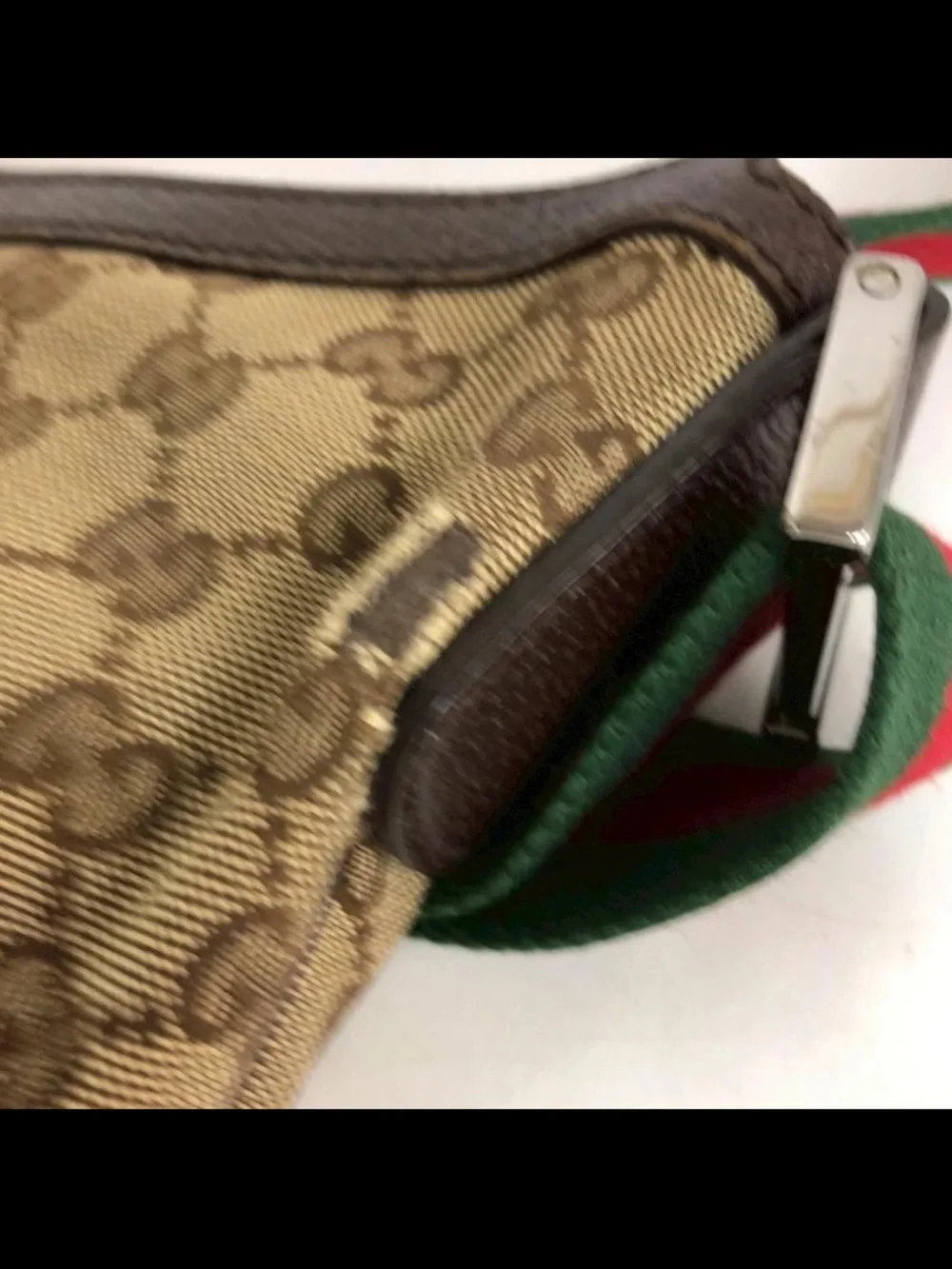 Gucci Beige Brown GG Monogram Crescent Bag with Green/Red Strap