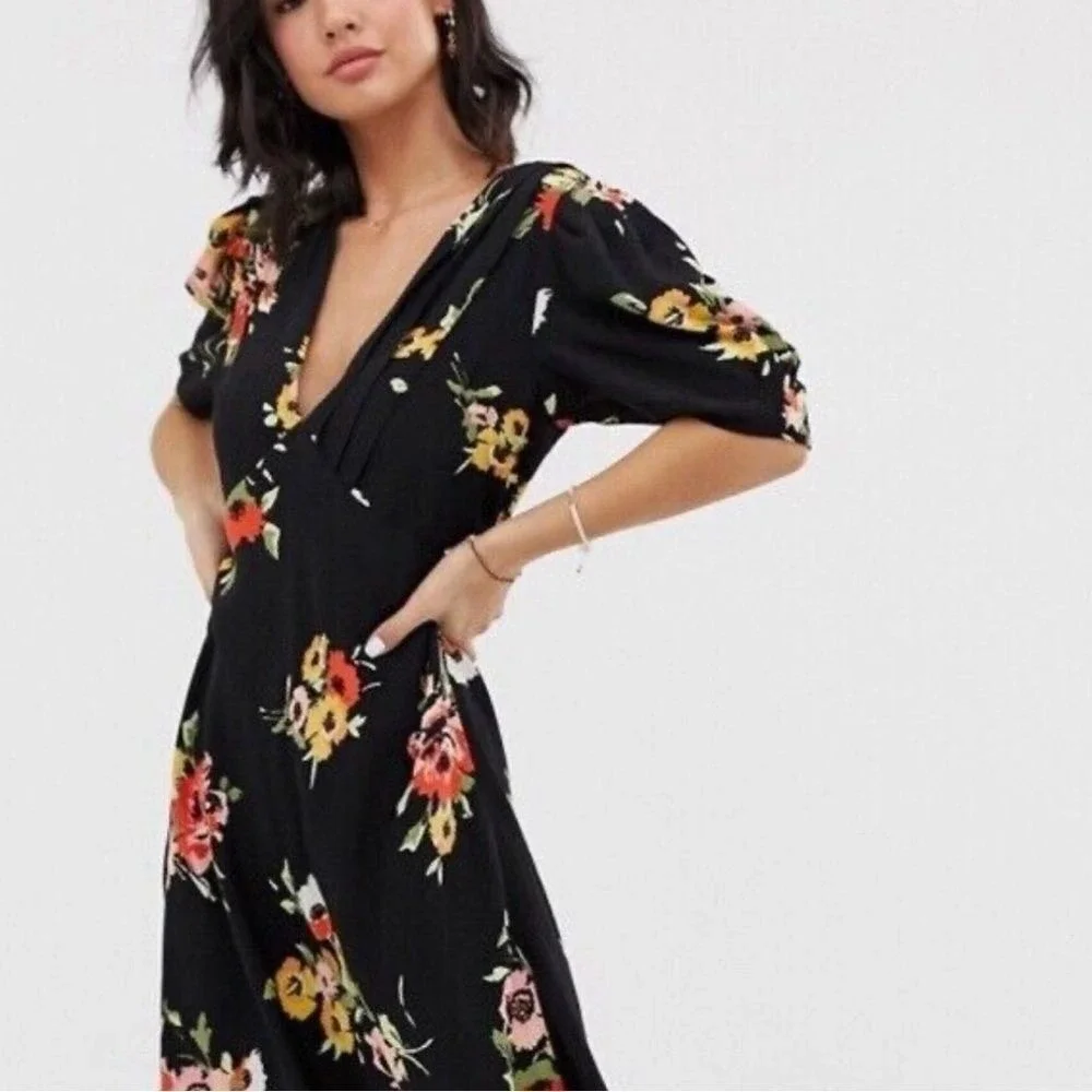 Free People Neon Garden Black Floral Print‎ Mini Dress Size 0 V Neck Multi Color