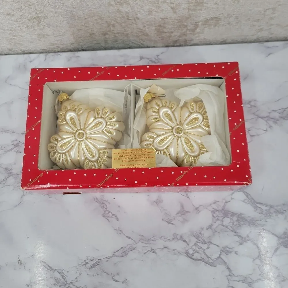 Vintage Gold and Cream Hand Blown and Painted Glass Ornaments European Artisan