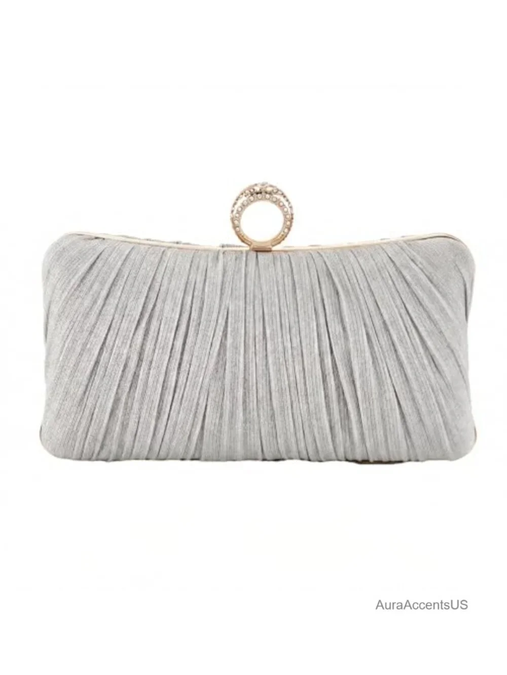 Ruched Satin Clutch with Crystal Ring Handle, Formal Party Evening Bag
