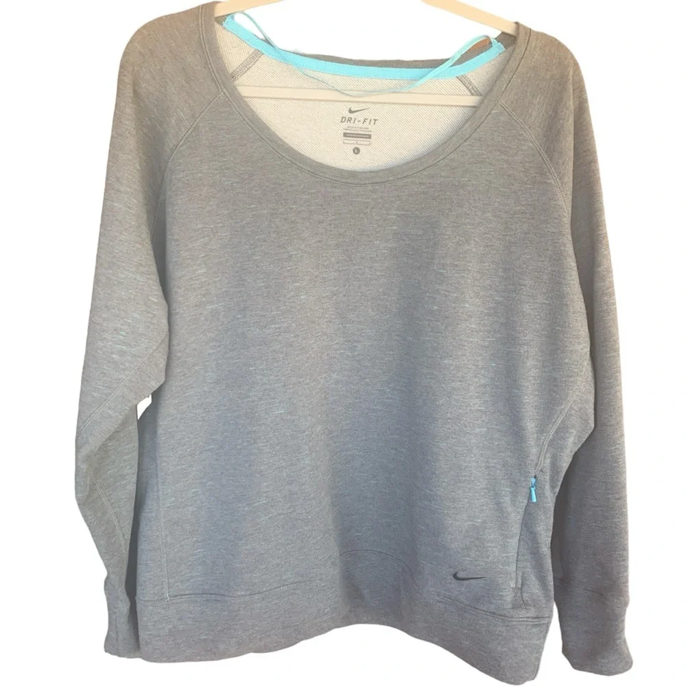 Nike Dri-Fit Women’s Large Sweatshirt Scoop Neck Boxy Gray & Turquoise Lounge